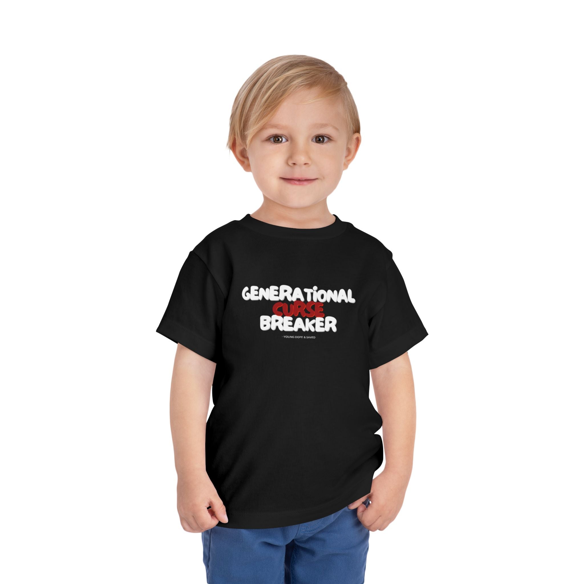 Generational Curse Breaker Toddler Short Sleeve Tee with 'Curse' Design and 'Romans 10:13' Quote, Cute Kids' Casual Top, Faith-Based Gift, Summer Essentials, [...]